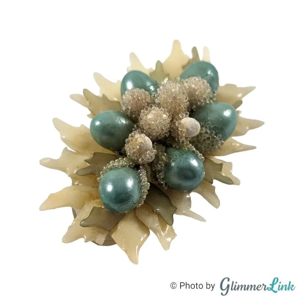 Vintage White & Teal Beaded Early Plastic Elongated Floral Mini Corsage Brooch